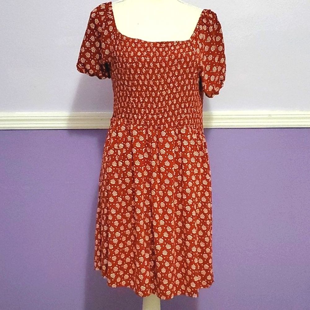 Boho Prairie Rusty Printed Smocking Top Puff Sleeves Flowy Mini Dress L/XL